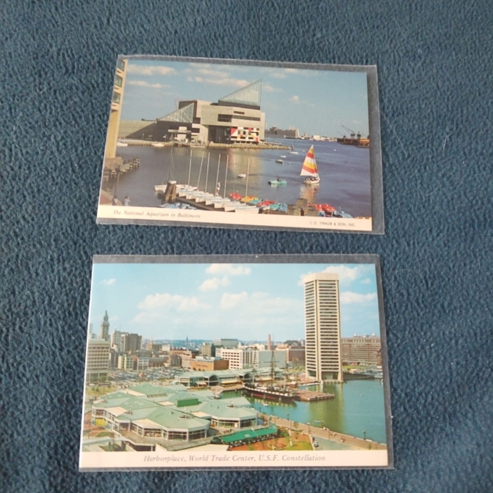Two Vtg Postcards of Baltimore,Maryland, Inner Harbor, Aquarium, World  Trade